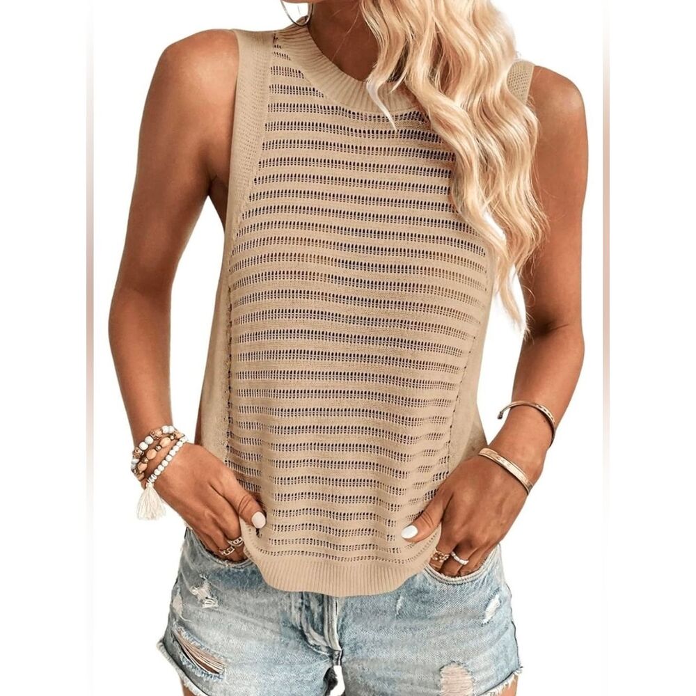 🔺️Tan Hollow Knit Sleeveless Top Small